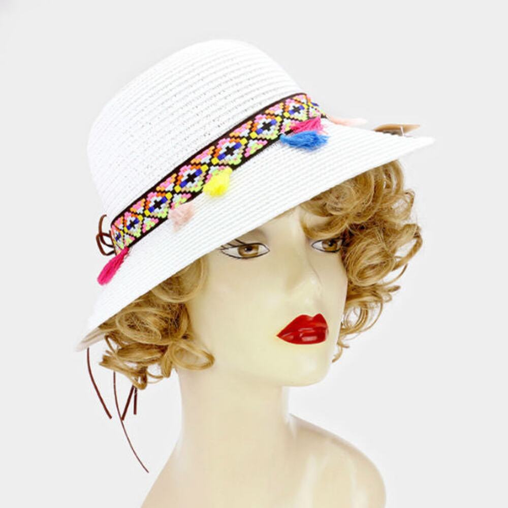 Summer Sun Hat w/ Short Brim and Tassels - White